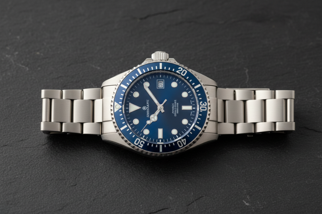 DSARD automatic dive watch stainless steel blue dial rotating bezel 200m water resistant (89 chars)
