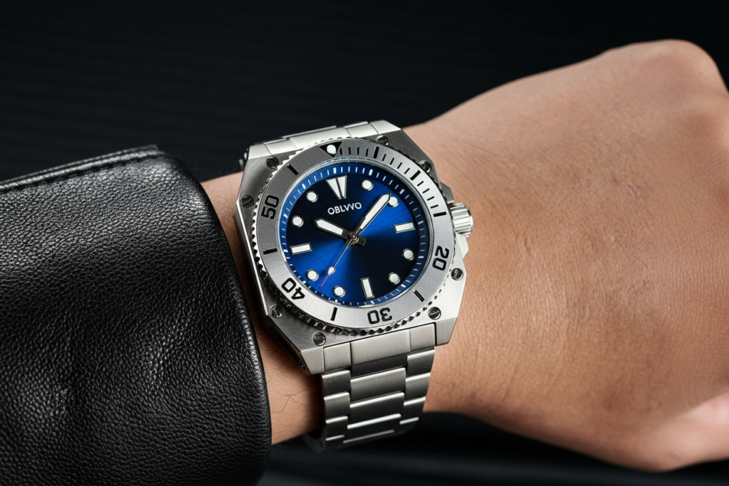 Automatic stainless steel sport watch men blue dial rotating bezel on wrist 2026 81(cars)
