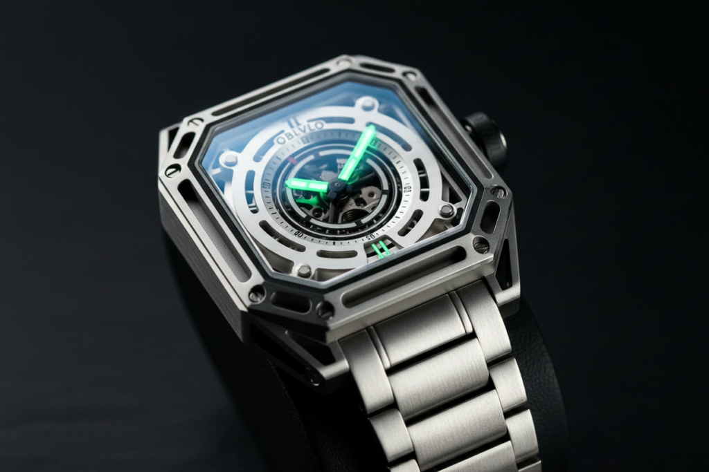 Sapphire crystal automatic sport watch luminous hands 316L steel bracelet close-up (83 chars)