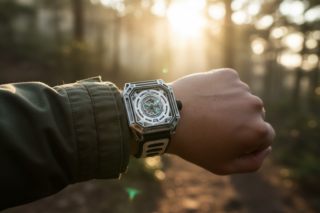  Military style automatic sport watch stainless steel luminous hands black dial men (82 chars)
