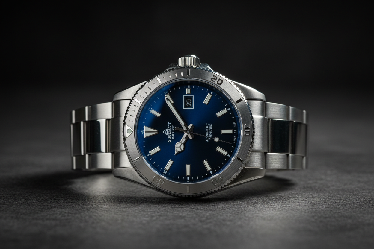 Automatic stainless steel sport watch men blue dial rotating bezel luminous hands 316L bracelet 2026
