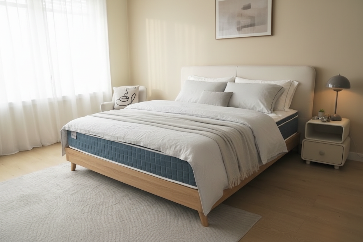 12 inch hybrid gel memory foam mattress queen on a modern platform bed in a bright minimalist bedroom