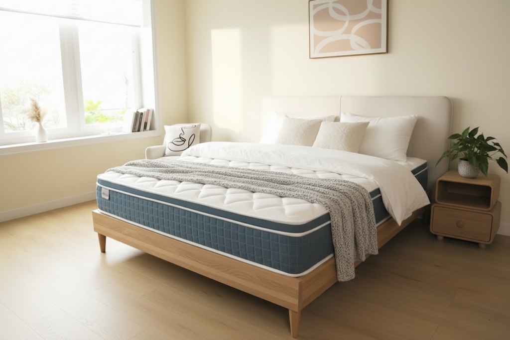Minimal Nordic-style bedroom with DSARD hybrid mattress, white linen bedding, and warm morning light