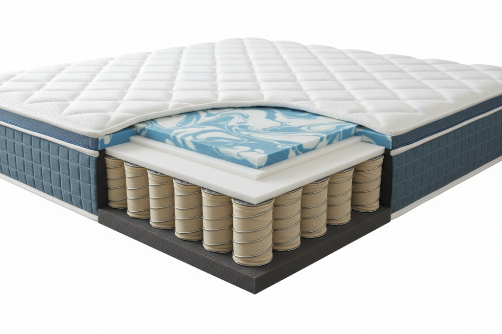Cross-section of a 12 inch hybrid gel memory foam mattress showing foam layers and pocketed coil system