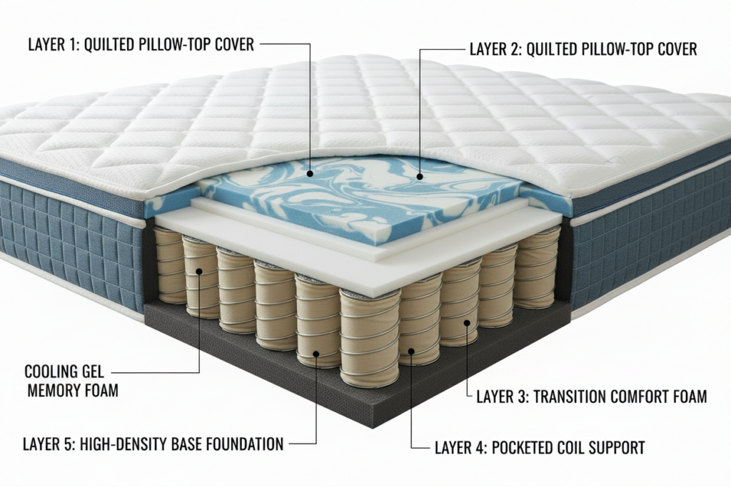 12 inch hybrid gel memory foam mattress queen on a modern platform bed in a bright minimalist bedroom