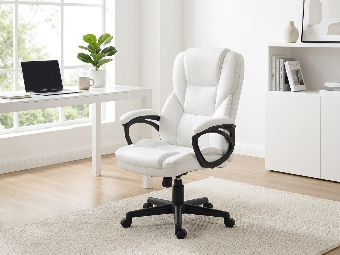 White leather executive office chair with high back in modern home office
