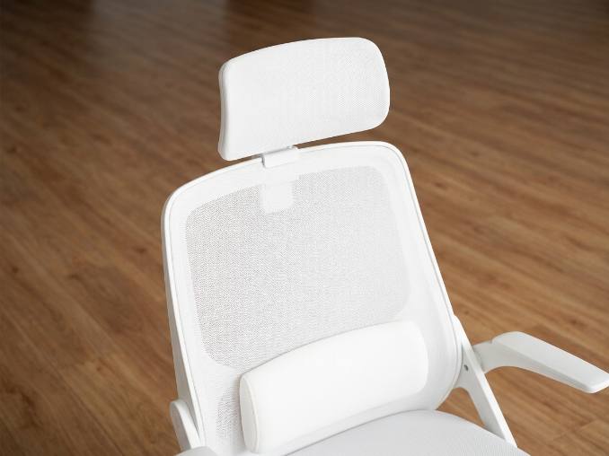 Adjustable lumbar office chair with white faux leather high back detail
