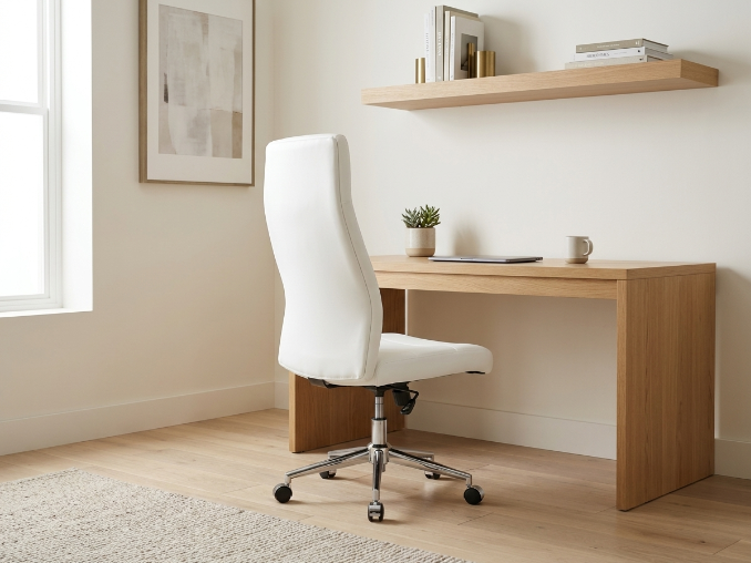 White high-back executive office chair with lumbar support in a modern home office